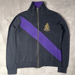 VTG LRL Women's L Black Full Zip Purple Gold Preppy Old Money Classic Sweater